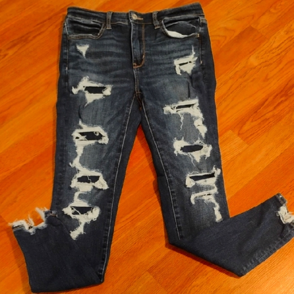 American Eagle Outfitters Blue Super Hi-Rise Jeggings Distressed Size 6